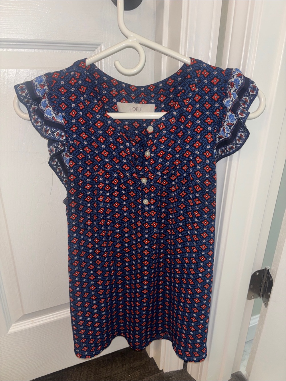 LOFT Navy Blue Geometric Floral Blouse